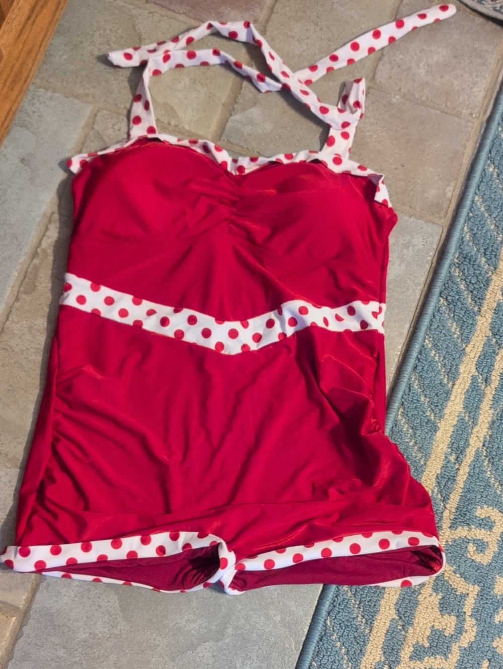 Red Polka Dot Trim Tankini One Piece Bathing Suit